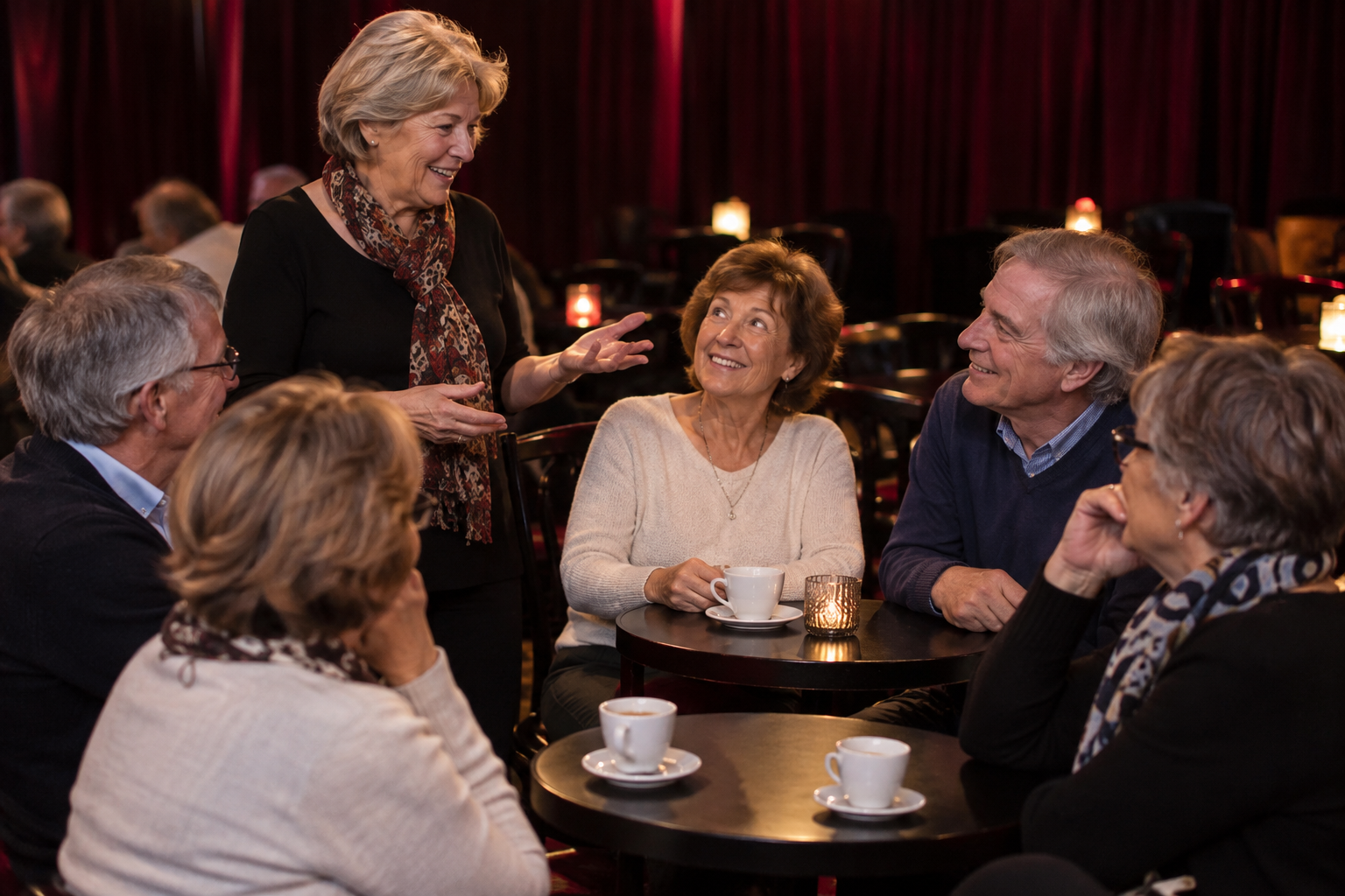 Illustration d’ambiance : groupe de convives autour de tasses de café pour l’accueil