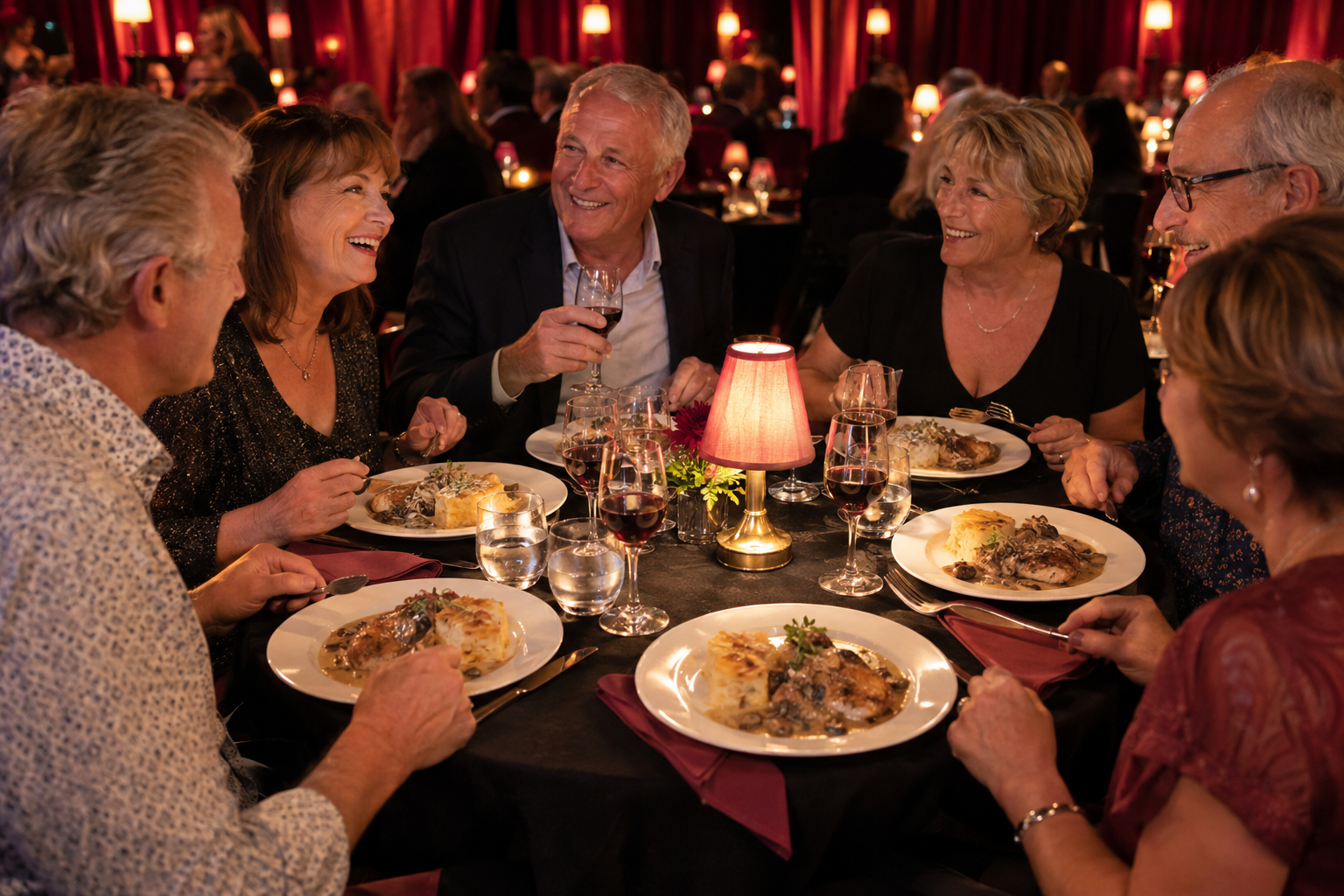 Illustration d’ambiance du déjeuner : convives réunis à table dans un décor de cabaret