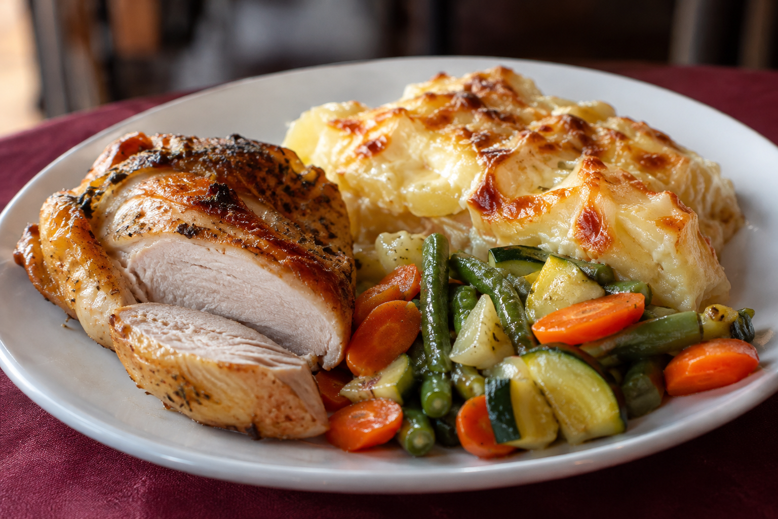 Délice de volaille accompagné d’un généreux gratin à l’emmental et de petits légumes savoureux.