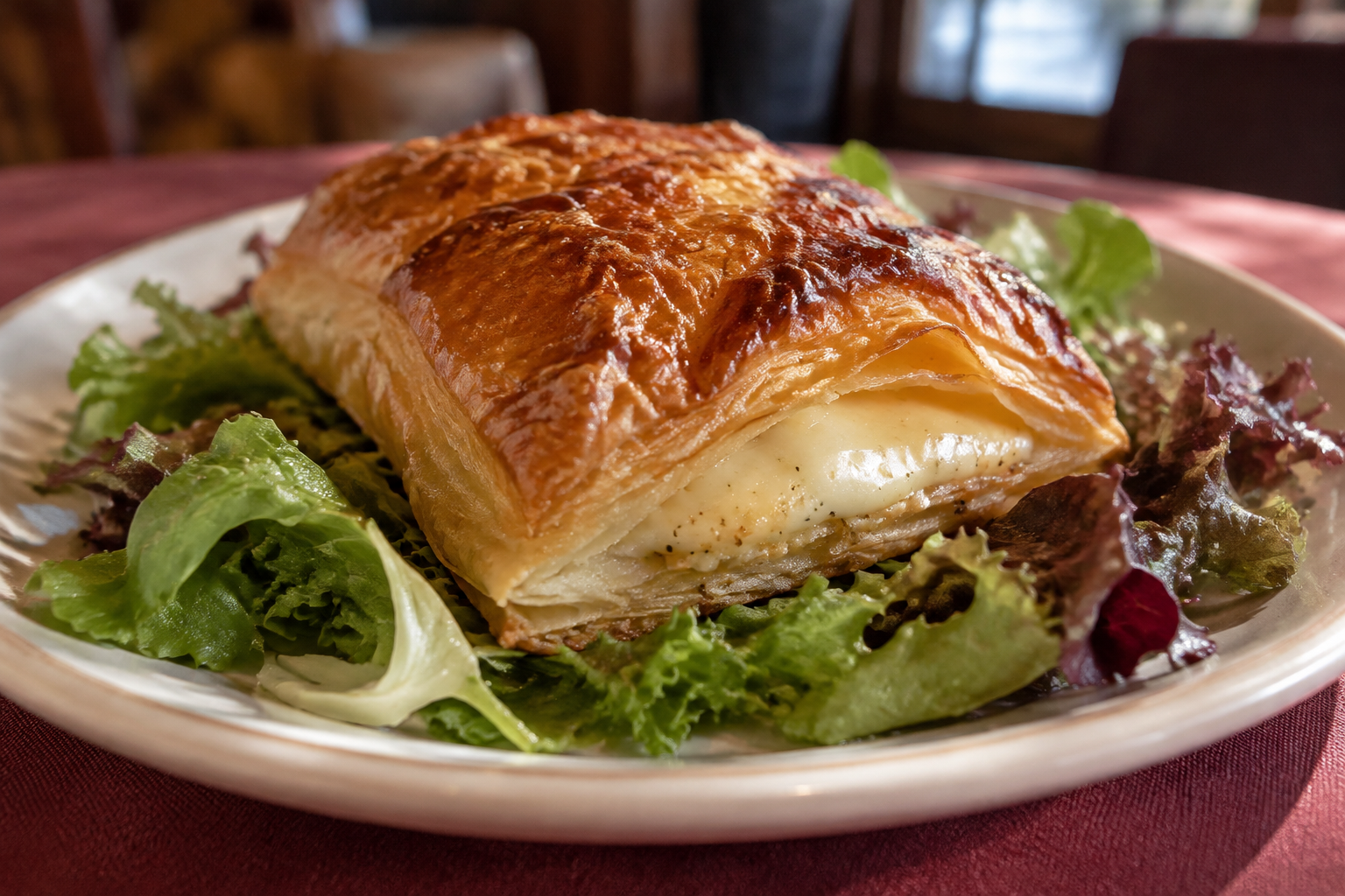 Feuilleté de fromage croustillant, délicatement posé sur son lit de verdure.