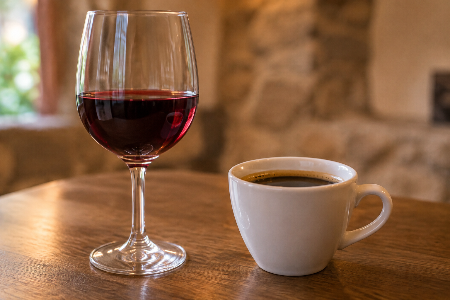 Un verre de vin rouge et une tasse de café, seuls sur une table en bois — visuel fourni pour la case Boissons.